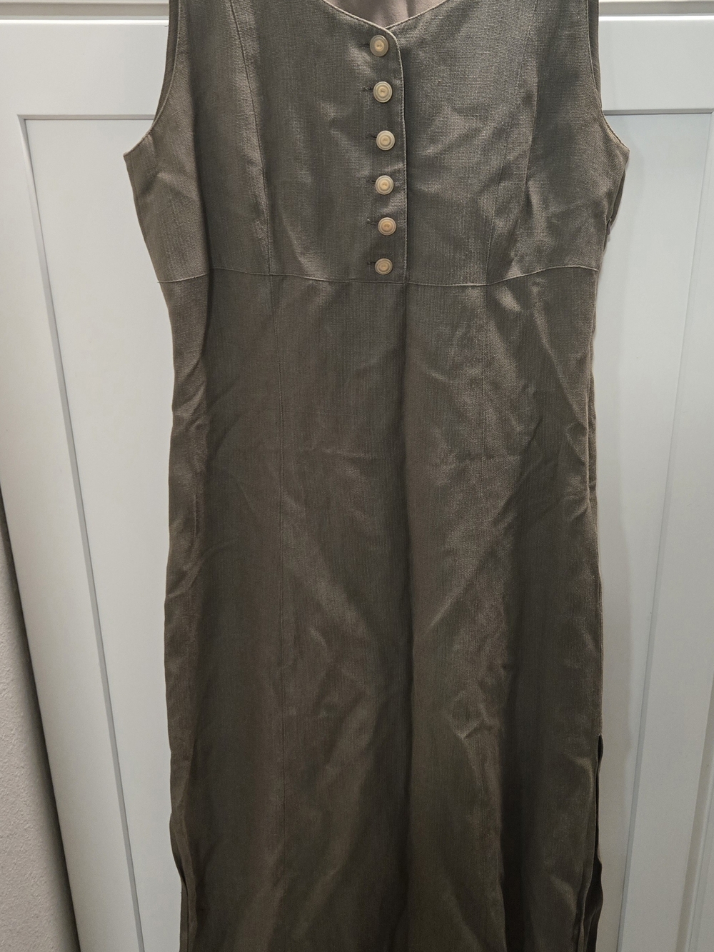 Joseph Abboud Rare linen maxi jumper dress with a V-neckline Olive Taupe